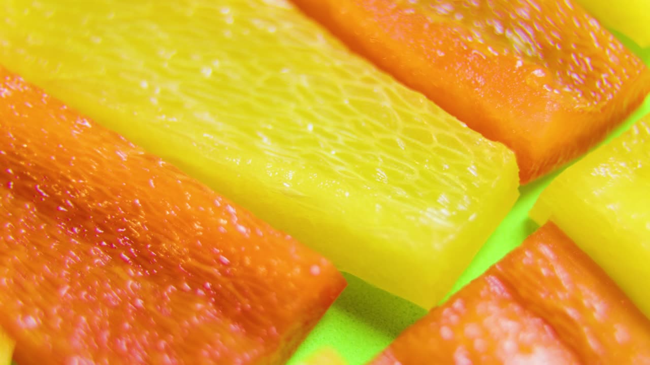 rebanadas de pimienta amarilla, roja y naranja girando.