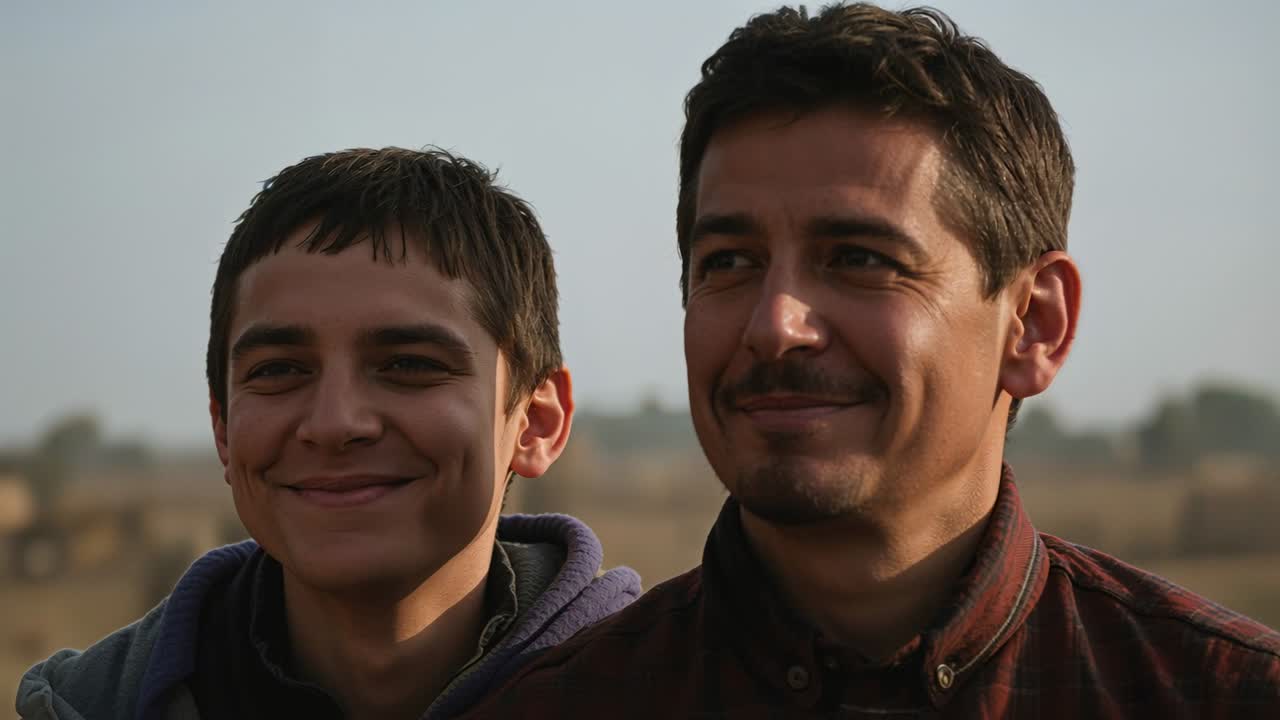 Parenti sorridenti che guardano un punto fuori campo in un campo rurale, con felpa e giacca.