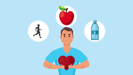 young man with healthy life style set icons