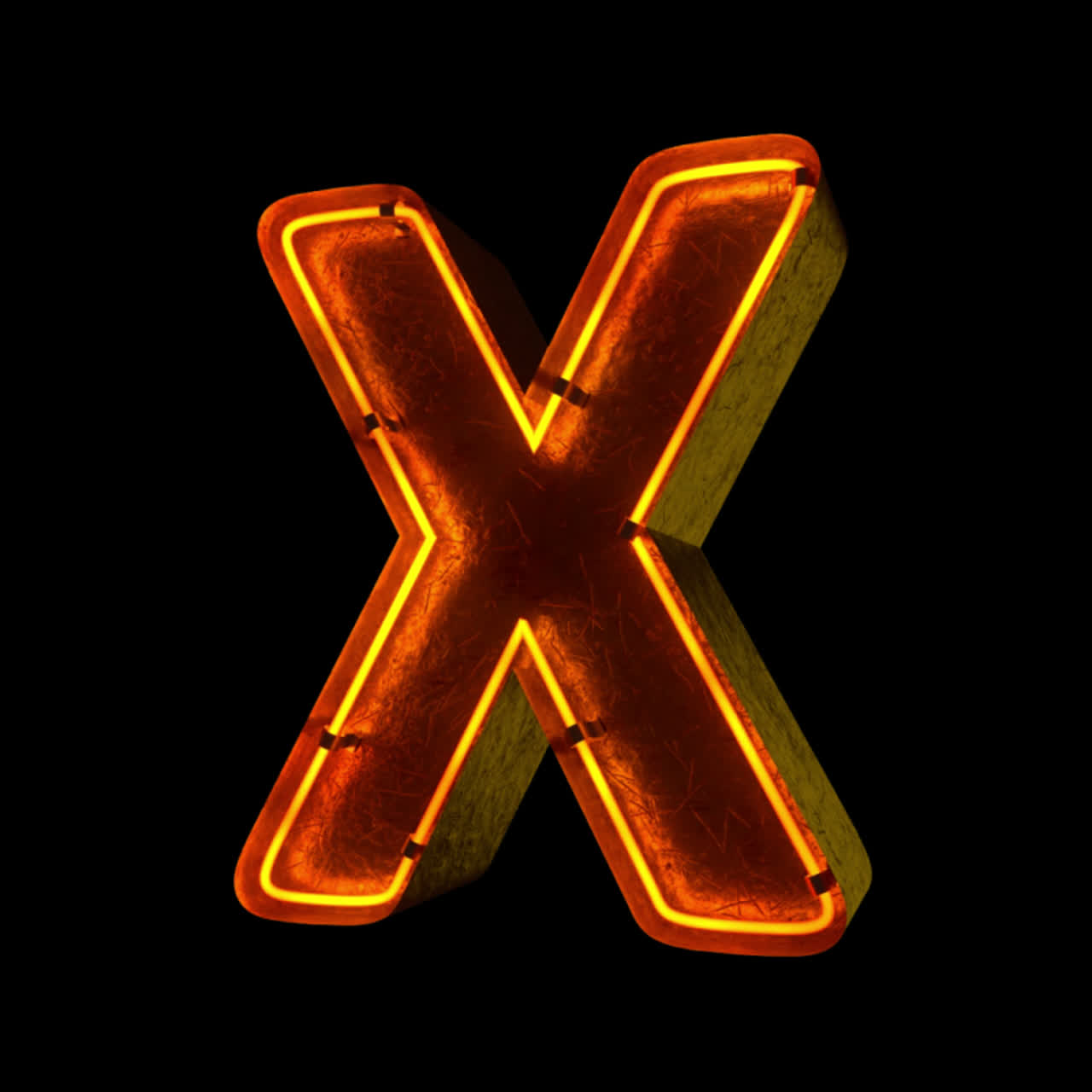 Lettera X al neon luminosa con scintille su sfondo nero