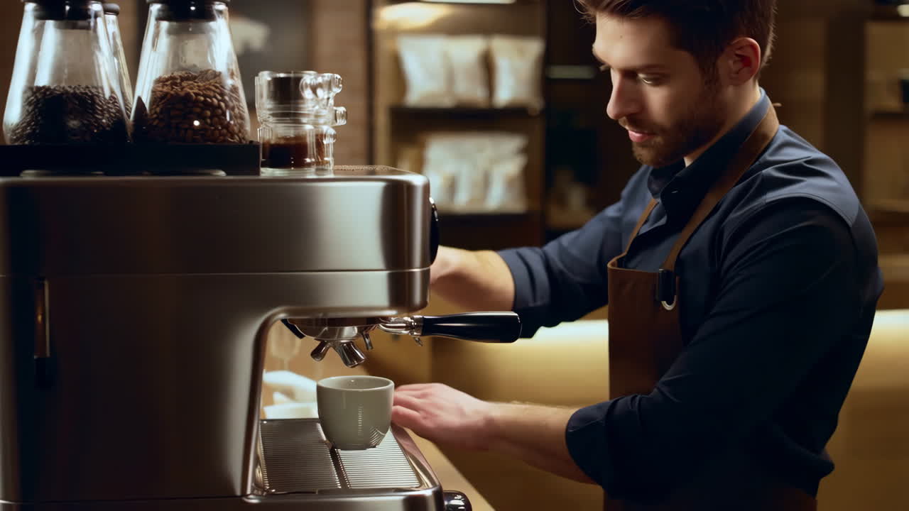 A Barista Prepares Coffee with an Espresso Machine