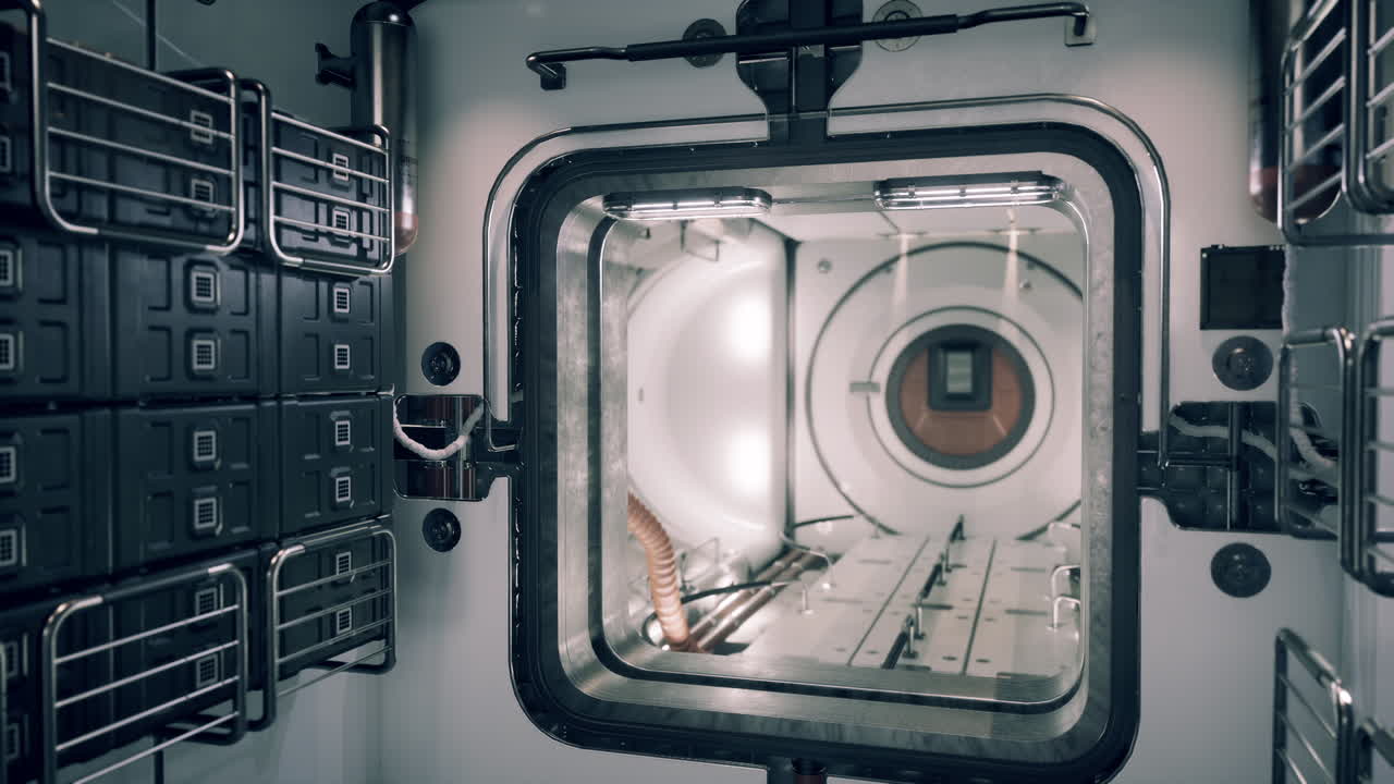 스페이스 스테이션 모의 내부, 스토리지 환기 및 장비를 보여줍니다.