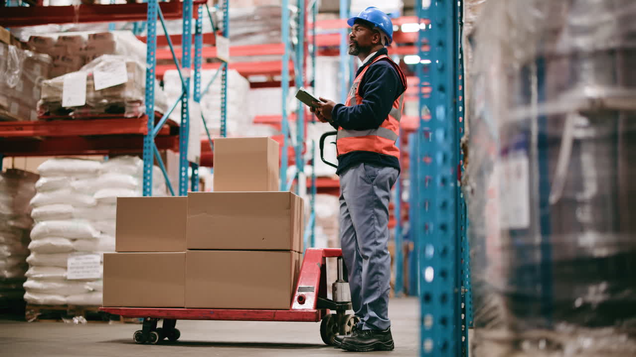 Warehouse Worker Checking Inventory on Tablet with Pallet Jack and Boxes