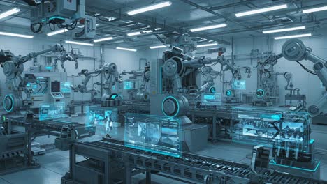 a high-tech robotic manufacturing facility showcasing advanced automation with multiple robotic arms and interactive displays in a sleek, modern design