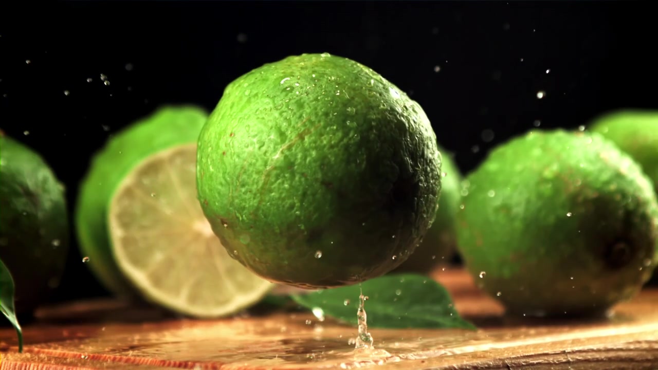 Lime verde fresco che cade al rallentatore con schizzi d'acqua