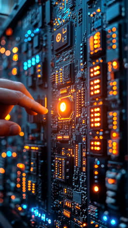 close-up view of a hand manipulating a circuit board at night