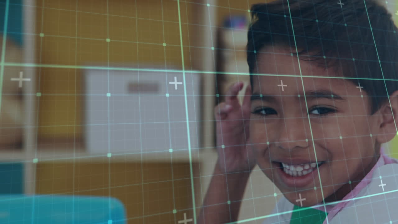 Animation of a boy painting over a grid in the background
