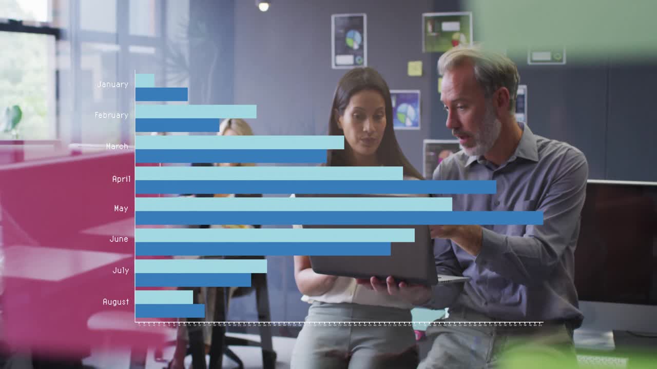 Analyzing data charts on laptop, business professionals in modern office setting