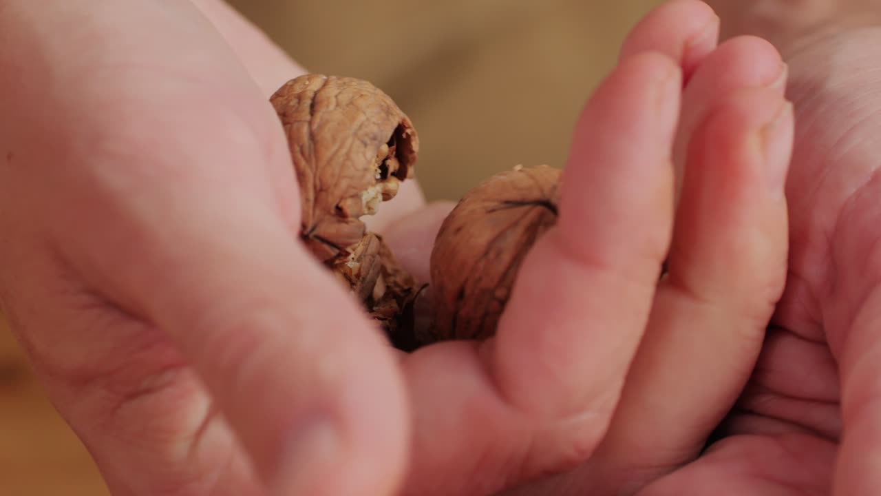 Craking walnuts shell in hands close-up. Healthy snacks. Product rich in minerals and vitamins.