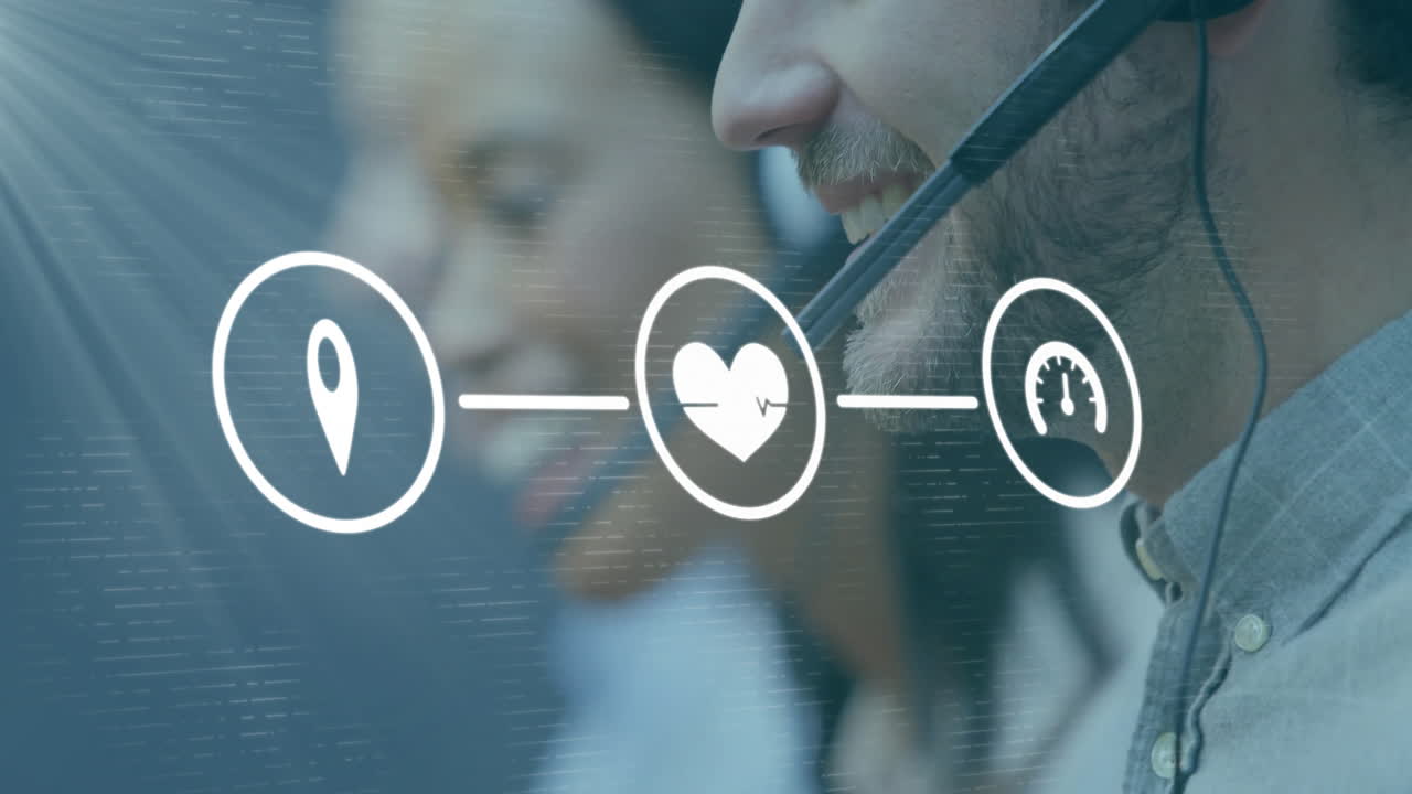 анимация сети икон над различными бизнесменами с телефонными наушниками