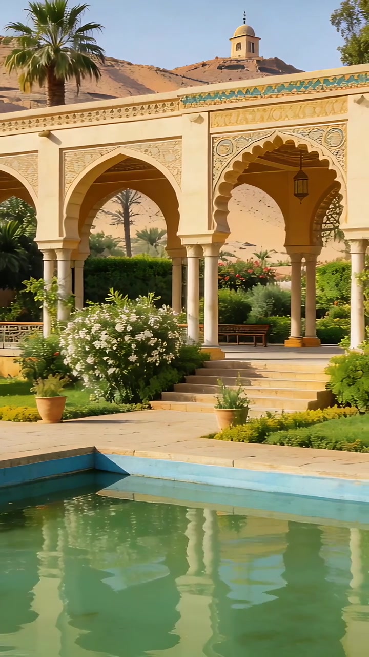 Video verticale: La telecamera si inclina per mostrare un padiglione nel cortile, rivelando una piscina turchese e una cupola.