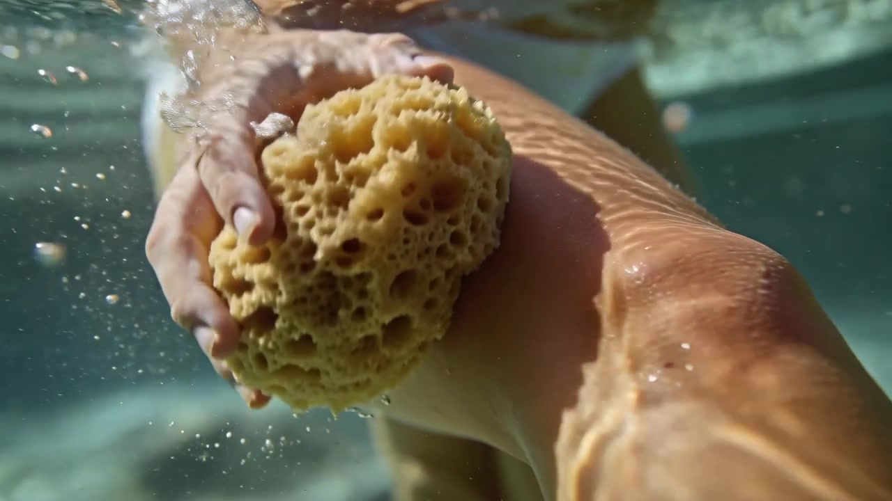 Hand entering from left, woman grasping sea sponge, washing thigh underwater, wearing swimwear