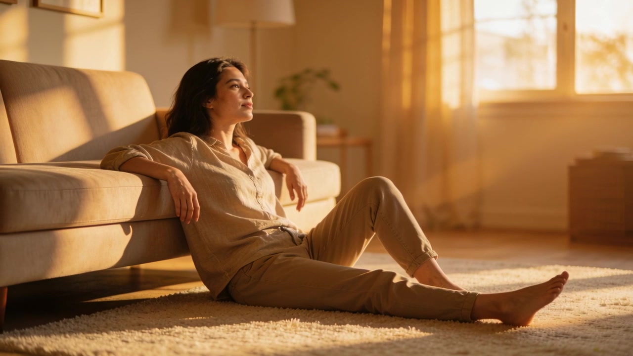 Leaning woman shifting gaze, sunlight drawing through window in living room on sofa, in beige
