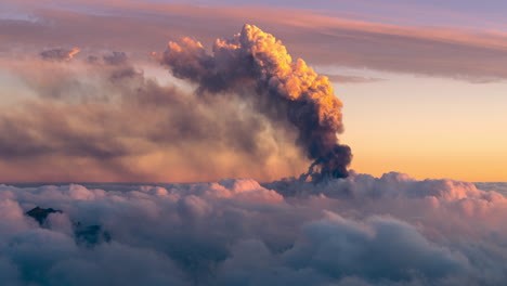 time lapse of volcanic ash cloud during sunset in la palma island volcano eruption in september 2021