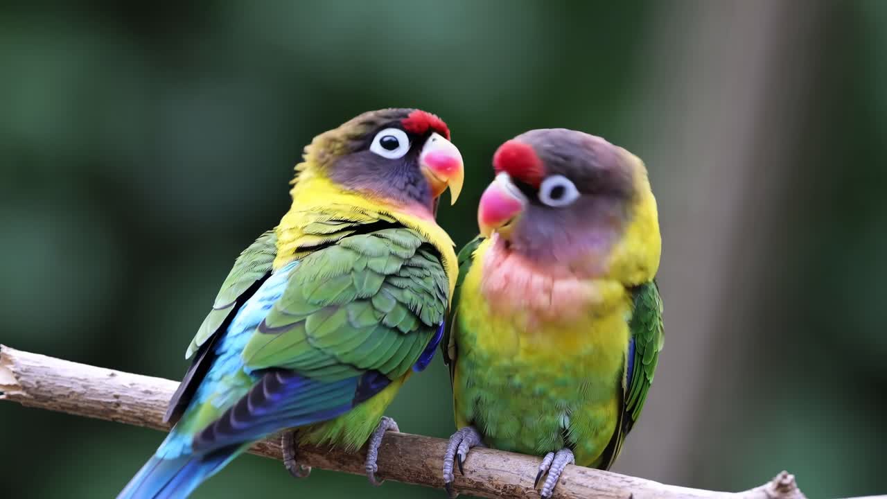 Vídeo em close-up de dois papagaios coloridos empoleirados em um galho, exibindo penas vibrantes e um momento íntimo