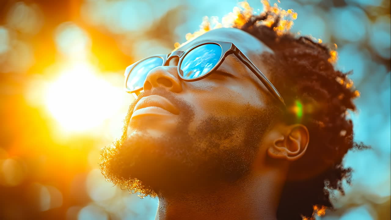 Man enjoying the sun with sunglasses. A man with sunglasses enjoys the warm sunlight outdoors. The golden rays create a summer and relaxation mood