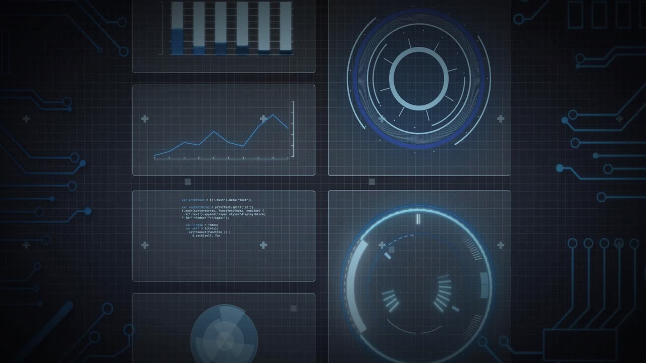 Animation of scope scanning, processor elements and data processing on screens over grid
