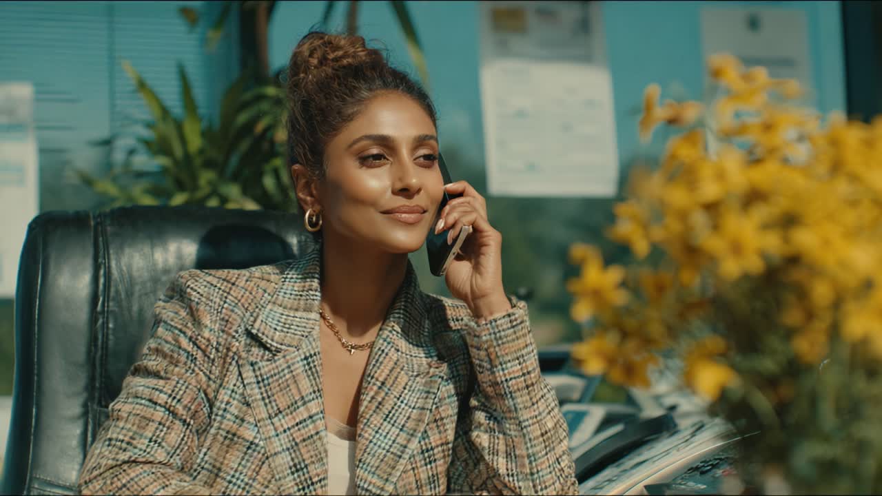 A Confident Professional Engaged in a Phone Conversation, Surrounded by Lush Greenery and Bright Yellow Flowers in a Modern Office Setting