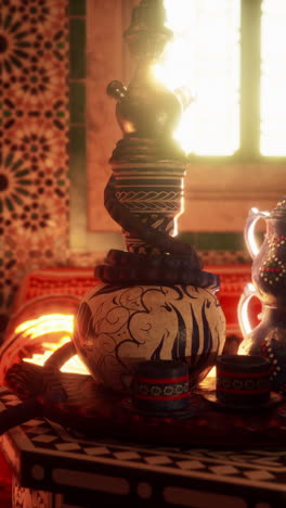 moroccan interior design with hookah and tea set