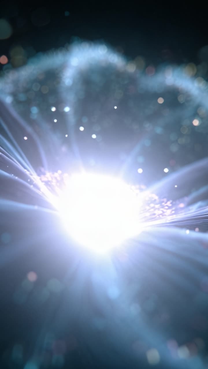 Una rappresentazione visiva accattivante di un fiore cosmico scintillante, che irradia energia e colori su uno sfondo di luci eteree e motivi astratti, evocando bellezza.