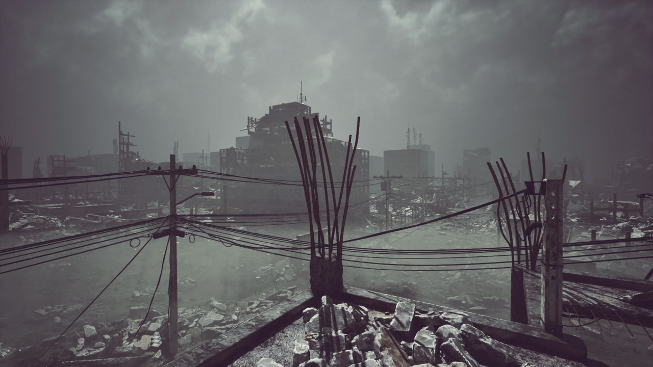 Dusky rooftop showing dense cables and looming rebar shadows