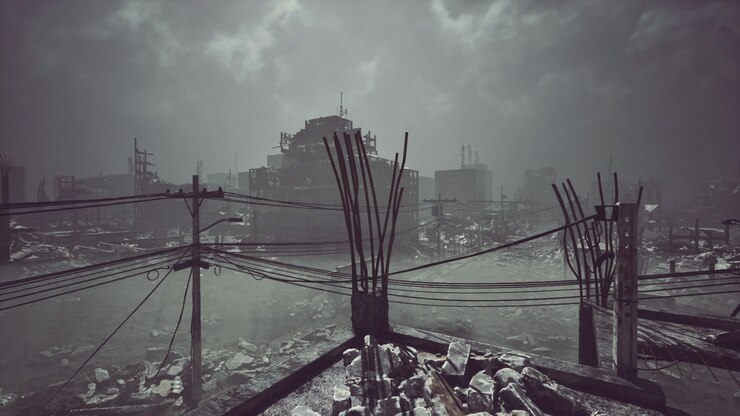 Dusky rooftop showing dense cables and looming rebar shadows