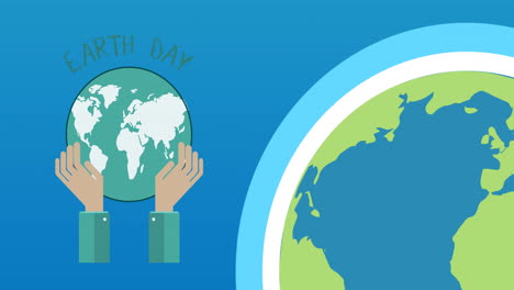 animation of earth day text and logo with globe on blue background