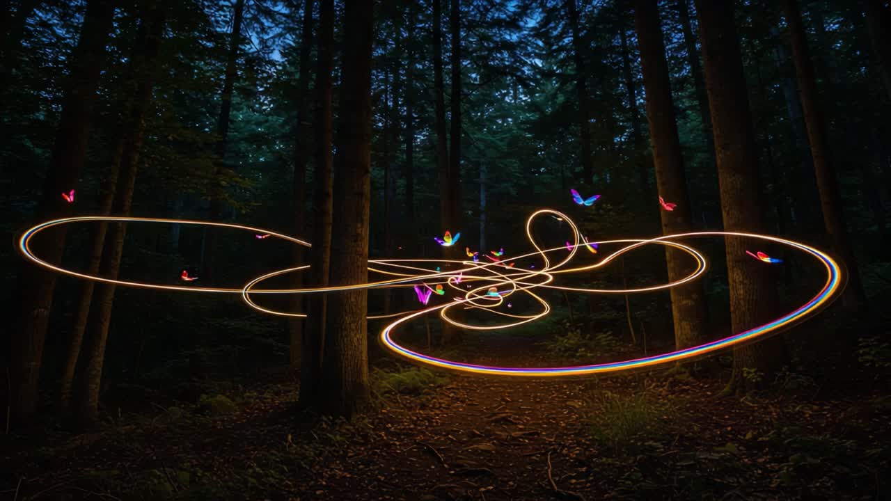 Een fascinerende reis door de tijd: Betoverende lichtsporen en etherische vlinders dansen te midden van de schaduwen van het betoverde bos.