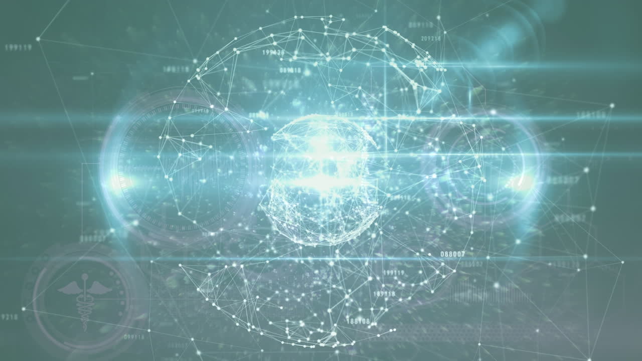 녹색 디지털 화면에 연결, 지구와 다양한 데이터의 애니메이션