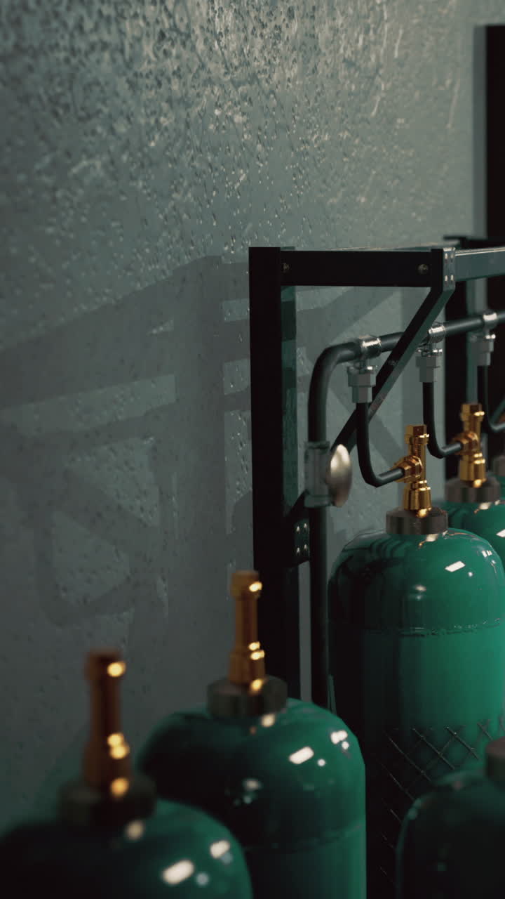 Bombole di gas disposte ordinatamente su una rastrelliera metallica in un'area di stoccaggio.