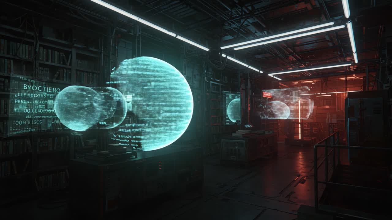 Laboratorio futuristico con schermi olografici e flussi di dati illuminati in un ambiente high-tech