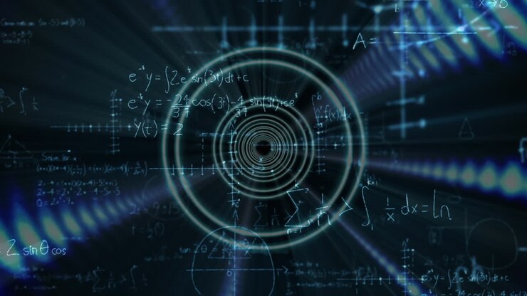 Animation of mathematical equations over blue light trails and round tunnel in seamless pattern
