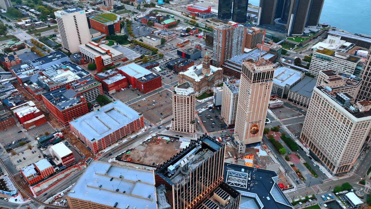 Detroit, USA, 28 July 2025: Flying over the Hudson's Detroit building in Detroit, Michigan, USA. City scenery from drone