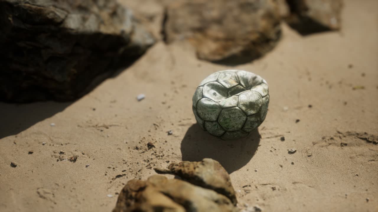 vieja pelota de fútbol en la playa de arena