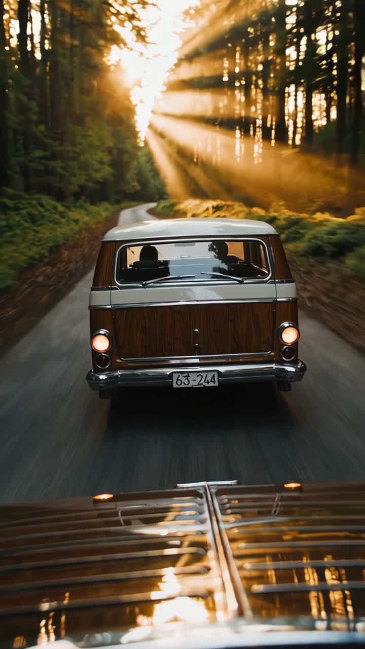 Vintage Wohnmobil auf malerischer Waldstraße bei Sonnenuntergang
