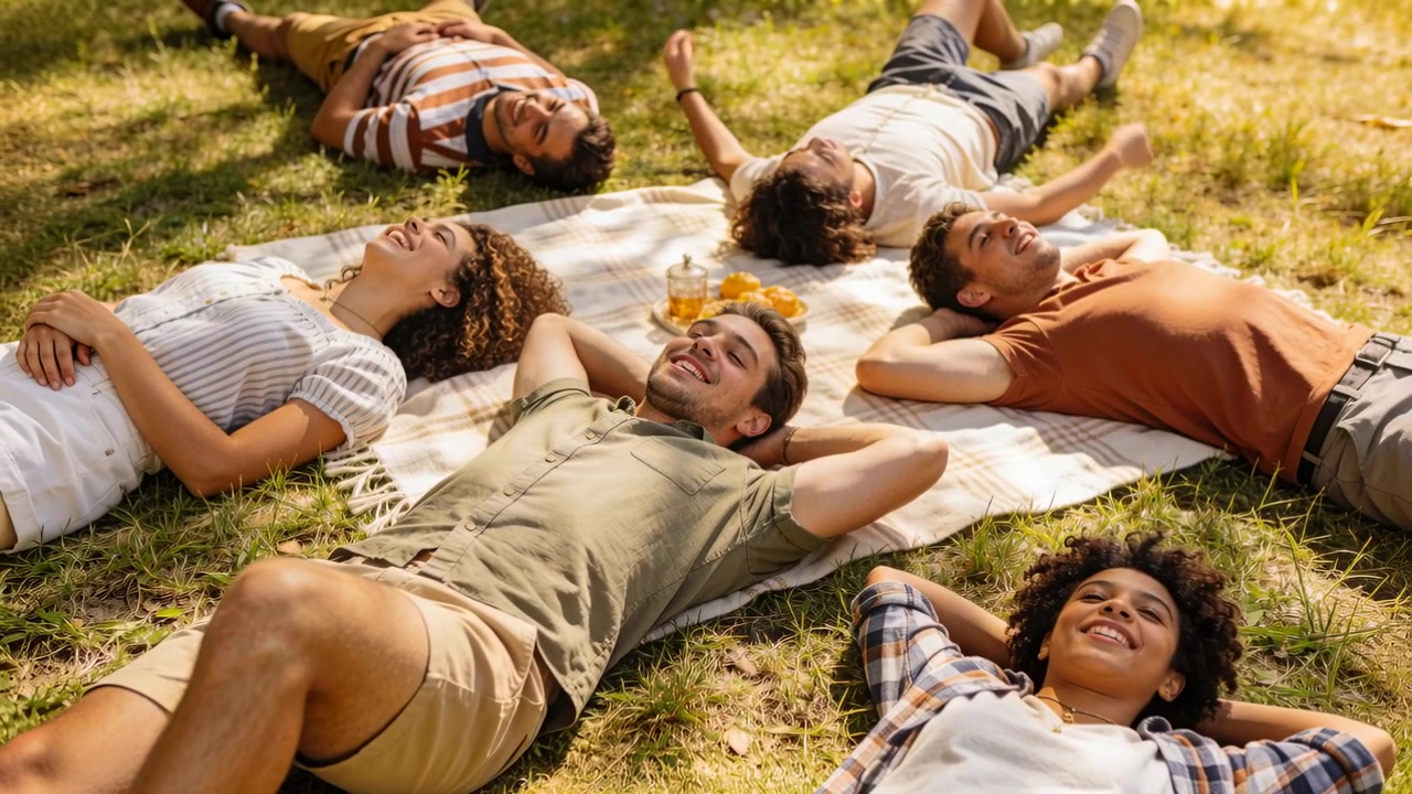 Fünf lachende Freunde liegen im Park auf einer Picknickdecke mit Krug und Zitrusfrüchten, im Sonnenlicht.
