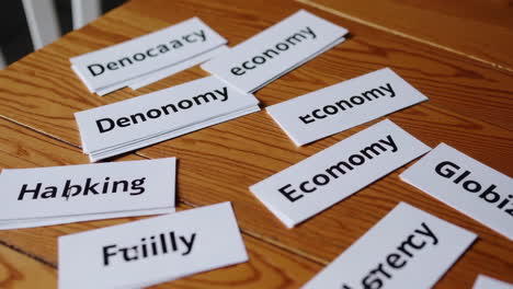 study cards with words related to global economics and politics