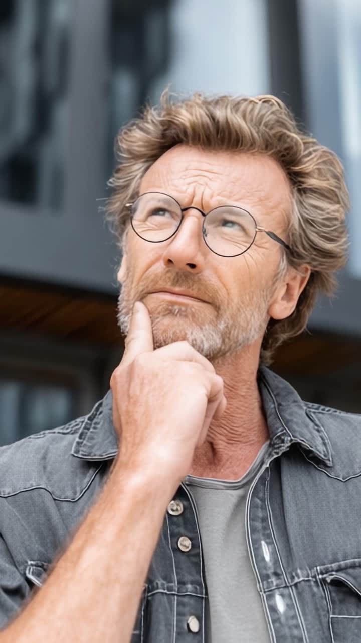 A Thoughtful Reflection: A Man Contemplating Life Choices with a Pensive Expression, Emphasizing Deep Thought and Introspection in a Modern Urban Setting