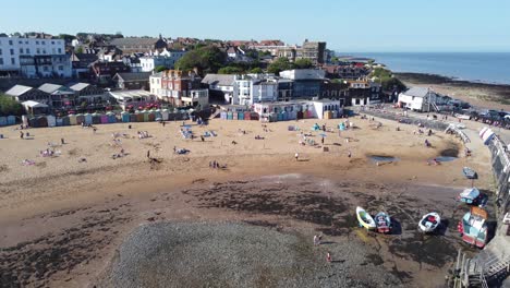 Rows-of-Beach-huts-Broadstairs-Kent-seaside-town-and-beach-drone-aerial-view