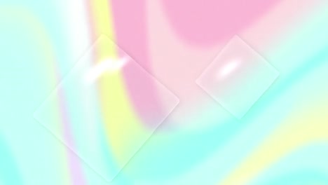 Animation-of-transparent-squares-over-slow-moving-pastel-blue,-pink-and-green-organic-swirls