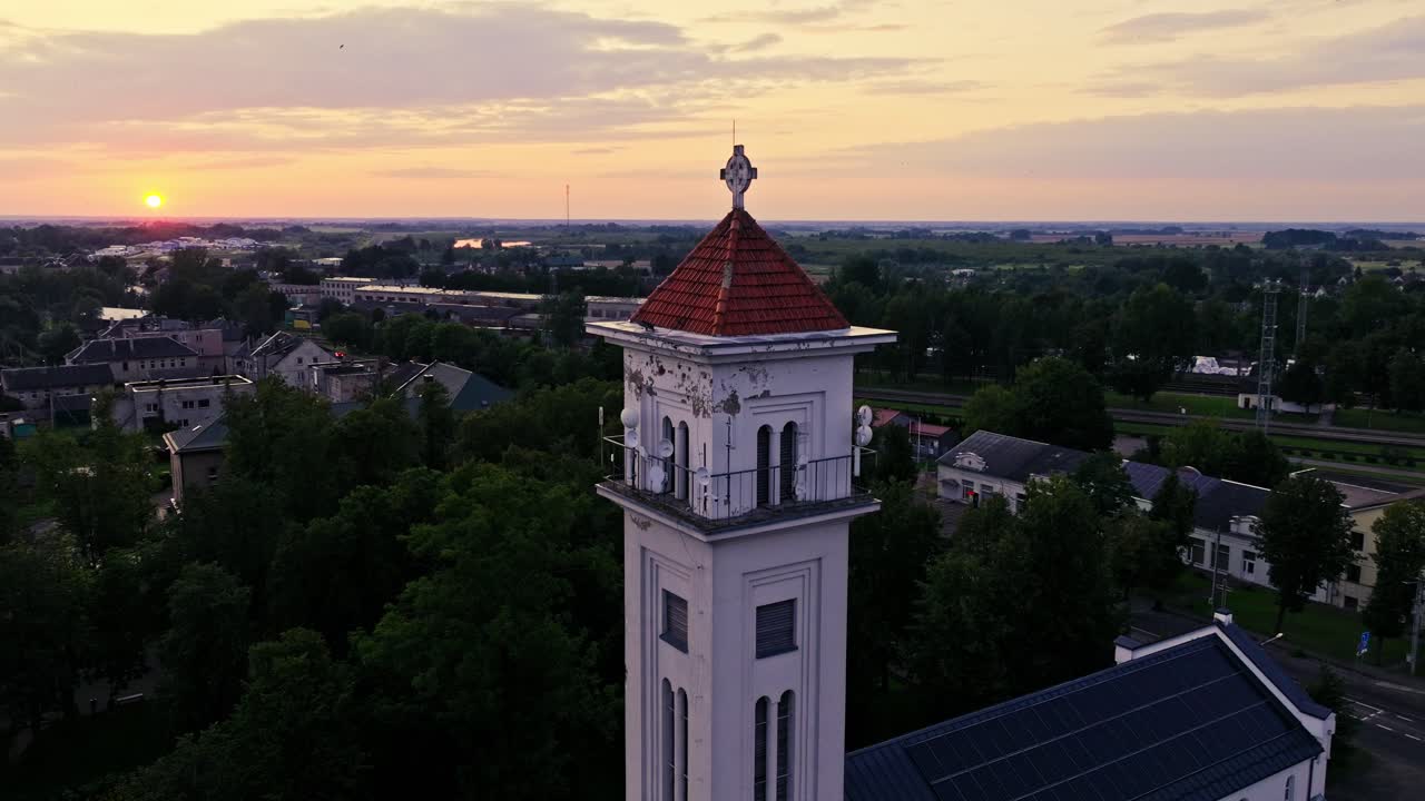 Aerial view of Kybartai Church Lithuania with horizon near Russian frontier
