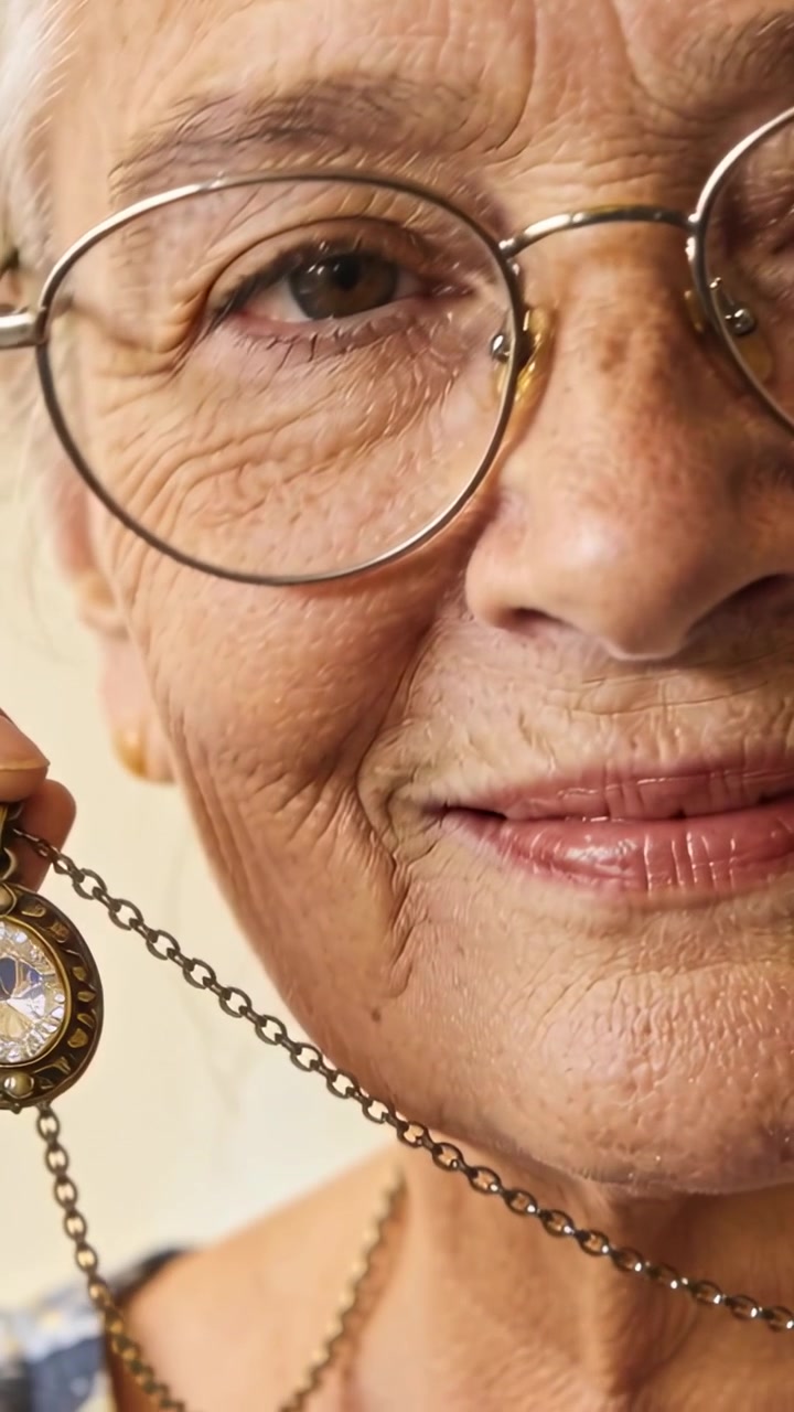 Video verticale: Una donna anziana solleva un ciondolo, tiene un orologio decorato vicino al viso a casa, ricordando