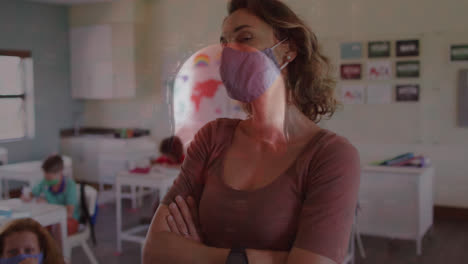 Human-skull-spinning-against-portrait-of-female-teacher-wearing-face-mask-at-school