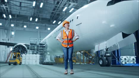 cuerpo lleno de ingeniera asiática con casco de seguridad con aviones en el hangar. de pie con los brazos akimbo mirando a su alrededor, comprobando