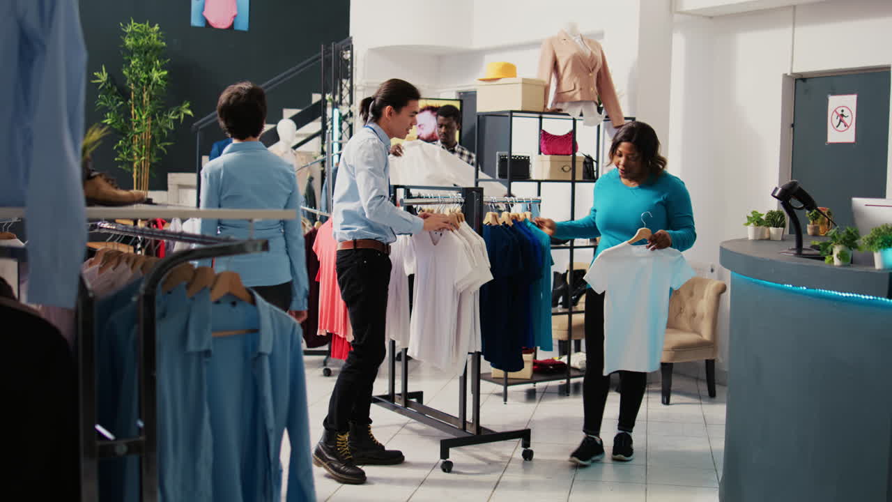 고객에게 트렌디한 셔츠에 대한 도움이 필요했습니다.