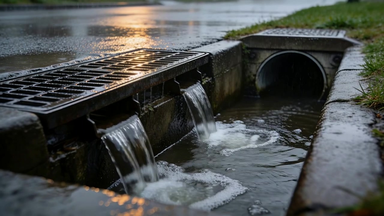 Grille métallique dirigeant l'écoulement des eaux de pluie, versant trois ruisseaux dans un caniveau, drainant la chaussée vers un ponceau.