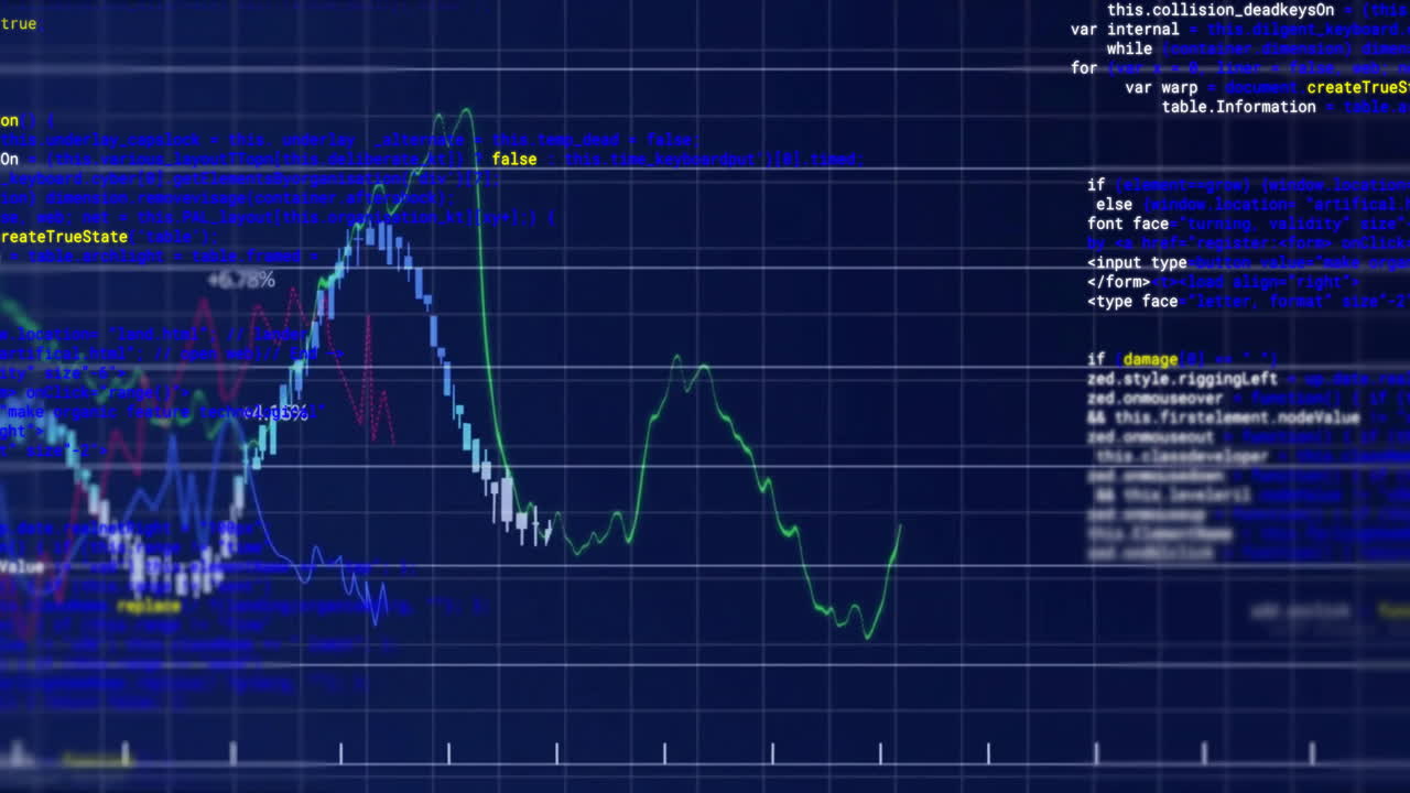 Animation of graph and data processing over grid on blue background