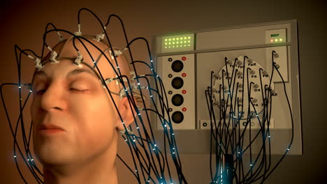 Man-wired-to-an-EEG-machine-or-electroencephalograph-which-produces-a-graphical-record-of-electrical-activity-of-the-human-brain.-Perfect-animation-for-any-science-or-medically-related-purposes.-HD