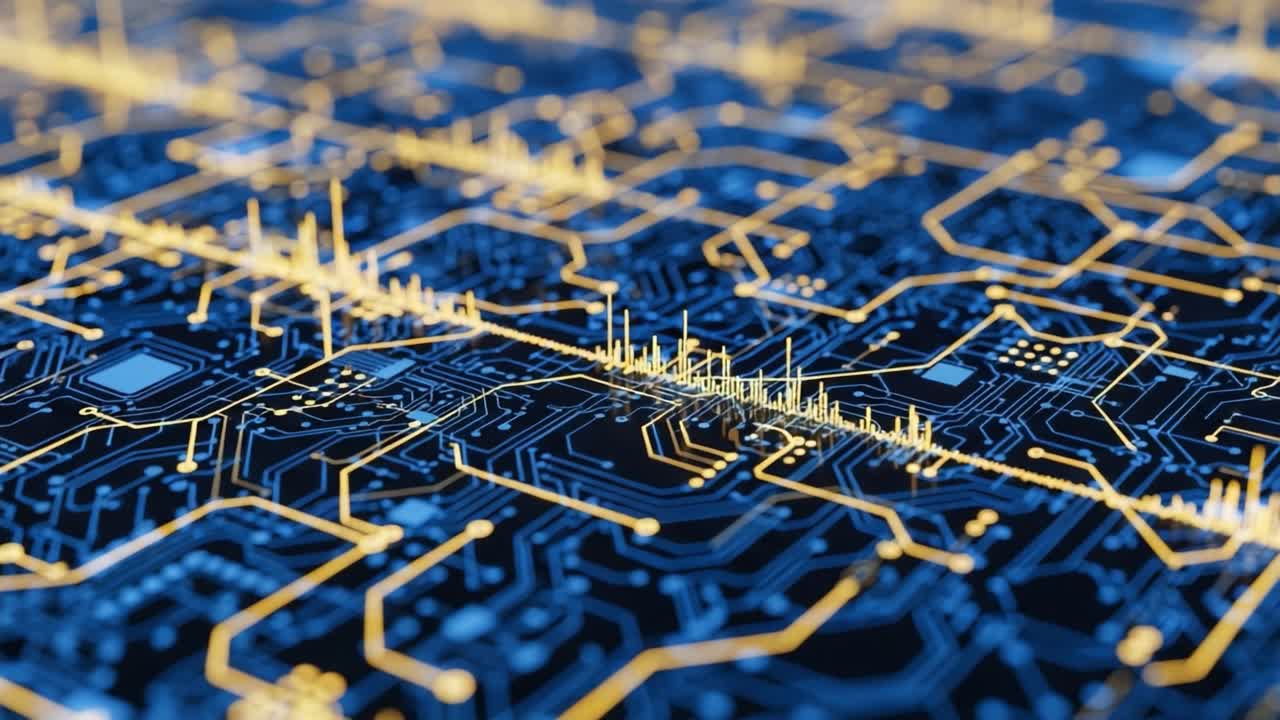 Intricate Close-Up of a Futuristic Circuit Board Design, Showcasing Detailed Connections and Vibrant Aesthetic Elements in Blue and Yellow Hues