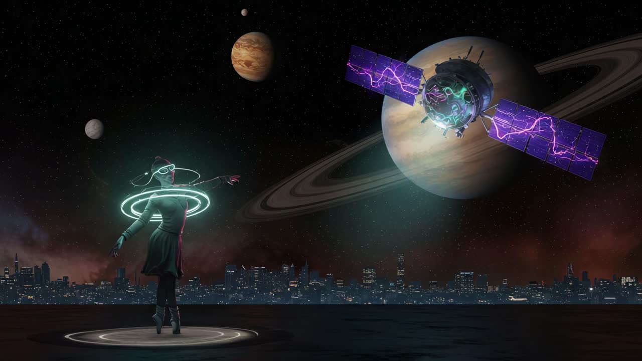 A Futuristic Scene Featuring a Mysterious Figure with Neon Rings in Space, Surrounded by a Planetary Landscape with a High-Tech Satellite Orbiting Saturn
